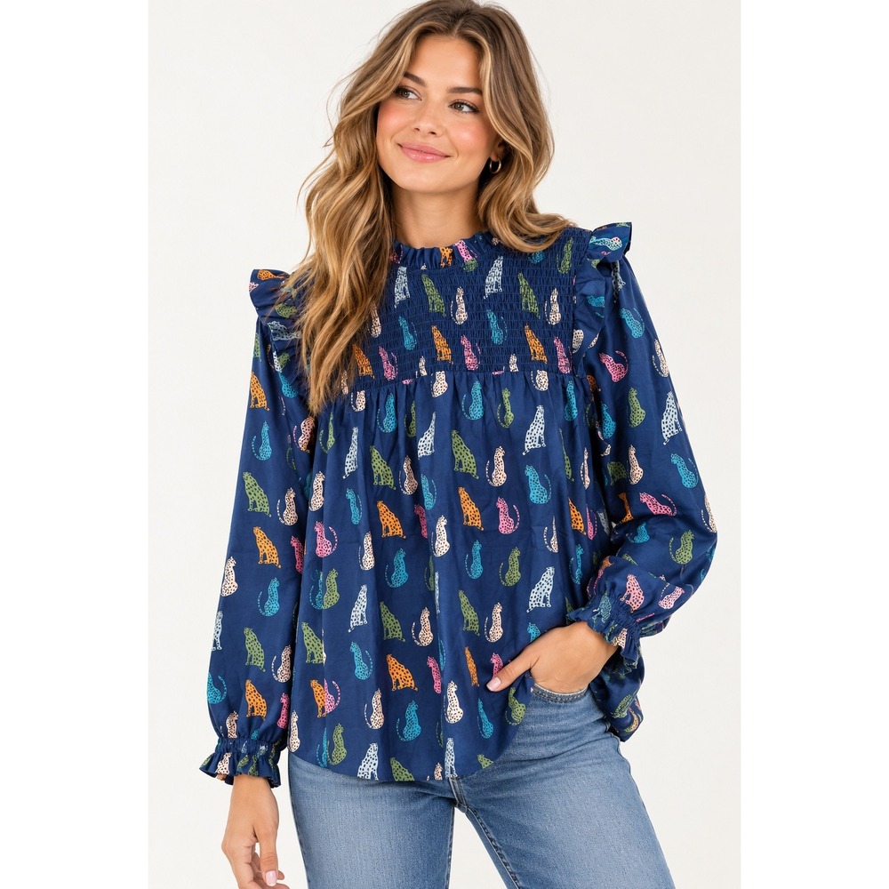 Michelle McDowell Navy Blue Leopard Print Smocked Ruffle Blouse Small NEW